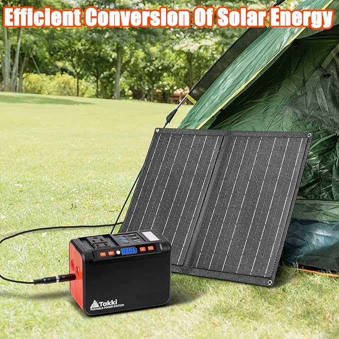 Takki 111Wh Solar Generator Portable Power Station with Panels 21W Included, 120W Peak Camping Solar Charger System Power Bank AC DC USB Ports for Camping Emergency Outdoor