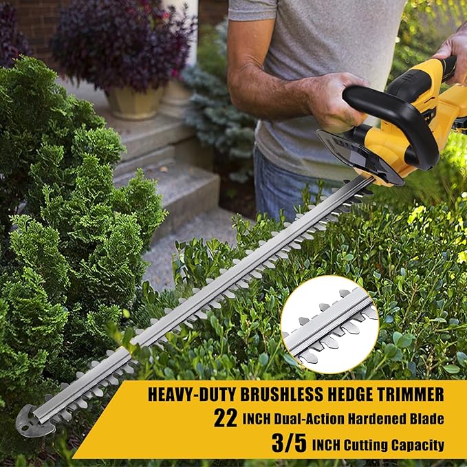 MaxMore Cordless Hedge Trimmer, Compatible with DeWALT 20V Max Battery (Tool Only) Electric Brushless Hedge Shear with 22-Inch Blade & 1500RPM Speed & Safety Lock, Lightweight & Handheld for Lawn Yard