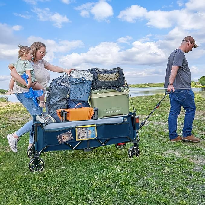 TIMBER RIDGE 51.2'' Extended Collapsible Wagon Cart with Brakes and Cargo Net, 500LBS Heavy Duty Foldable Utility Wagon with Adjustable Handle, 400L Capacity Portable Cart for Camping Sports Shopping