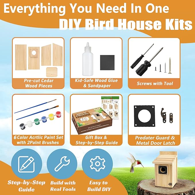 2 Pack Wood Bird Houses for Outside with Paint Set for Bluebird Finch Swallow Wren Chickadee, Crafts & DIY Birdhouse Kits for Adults & Kids to Build