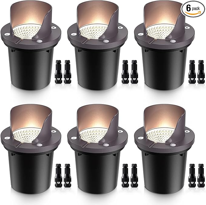 SUNVIE 12W Low Voltage Landscape Lights Waterproof Outdoor In-Ground Lights Shielded LED Well Lights 12V-24V Warm White Landscape Lighting for Pathway Garden Fence Deck, 6 Pack with Wire Connectors