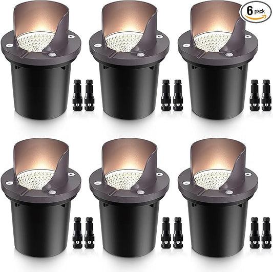 SUNVIE 12W Low Voltage Landscape Lights Waterproof Outdoor In-Ground Lights Shielded LED Well Lights 12V-24V Warm White Landscape Lighting for Pathway Garden Fence Deck, 6 Pack with Wire Connectors