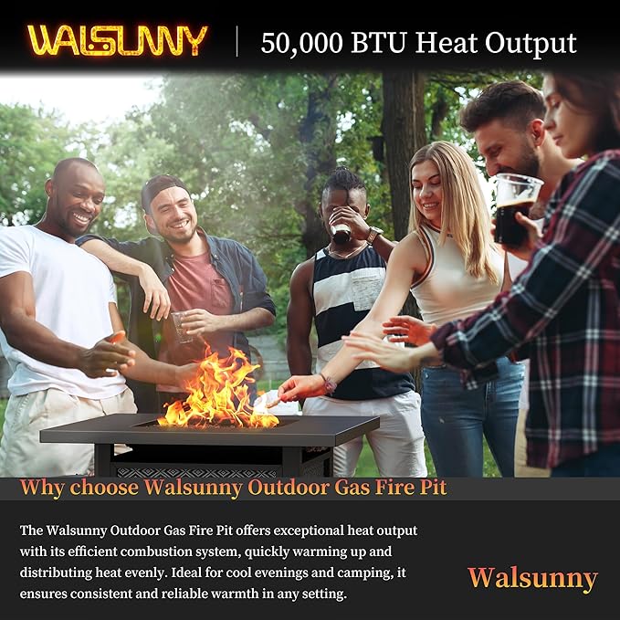 Walsunny 43 inch Outdoor Propane Fire Pit 50,000 BTU Gas Fire Pit Table with Lid, Waterproof Cover, Rectangle Gas Firepit Table for Garden/Patio, CSA Certification