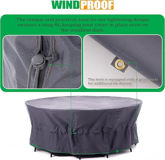 F&J Outdoors Patio Furniture Covers, Heavy Duty Tear Resistant Waterproof UV Resistant Windproof Outdoor Furniture Cover, Grey, 96" Dia x 33" H