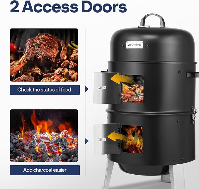 VIVOHOME 3-in-1 Vertical Charcoal Smoker, BBQ Smoker Grill with Built-in Thermometer, Air Vent, and 2 Access Doors, Idea for Parties, Backyard, Barbecues