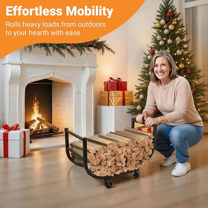 Rolling Firewood Rack with Wheels, 24 Inch Heavy-Duty Indoor Outdoor Log Holder, Wood Storage for Fireplace & Patio, Waterproof & Rustproof