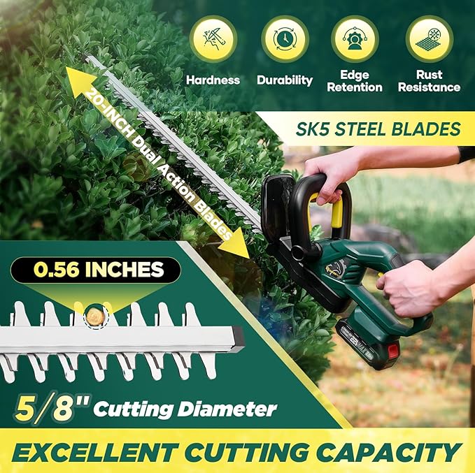Cordless Hedge Trimmer, 22V Electric Bush Trimmer with 20” Dual-Action Blades, 3/5" Cutting Capacity, Lightweight Shrub Trimmer Handheld Hedge Cutter, 1 Battery and Fast Charger Included