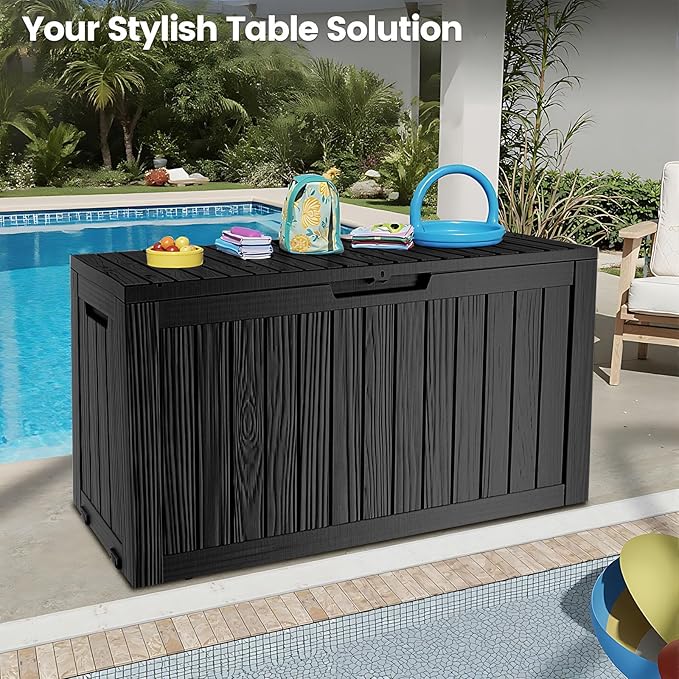 75 Gallon Outdoor Storage Box - Waterproof Resin Deck Box for Patio Cushions & Garden Tools - Lockable Indoor/Outdoor Storage Bin - Sleek Black Design