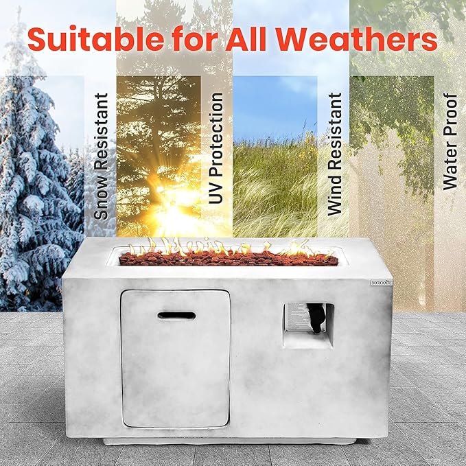 SereneLife Outdoor Propane Fire Pit Table - CSA/ETL Certified Safe 50,000BTU Pulse Ignition Weatherproof Square Propane Gas Fire Table - Adjustable Flame, Thermocouple - PVC Cover, Lava Rock