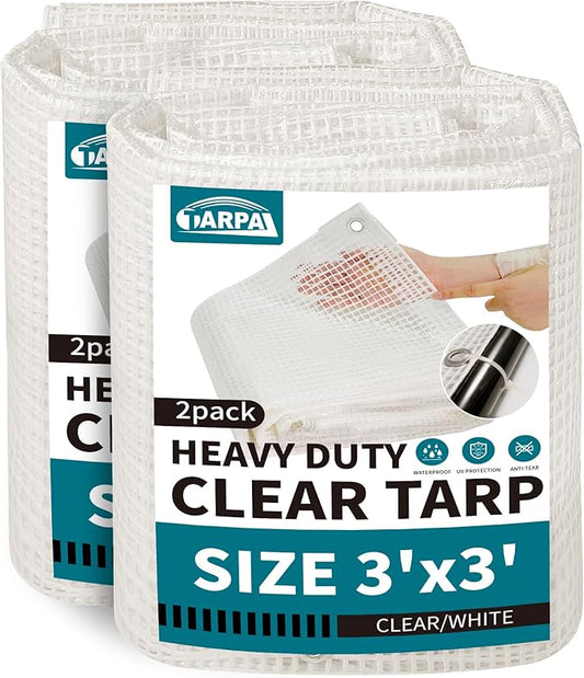 TARPAL 3'x3'๏ผ2pack Clear White Tarp Heavy Duty Waterproof 12mil with Grommets or Zip Ties for Small Greenhouse for Outdoors Garden,Farm,Chicken Coops