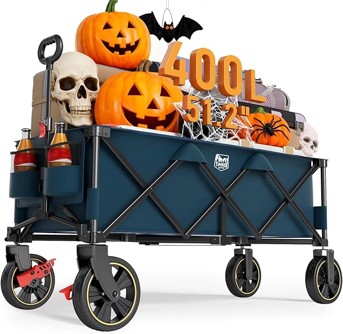 TIMBER RIDGE 51.2'' Extended Collapsible Wagon Cart with Brakes and Cargo Net, 500LBS Heavy Duty Foldable Utility Wagon with Adjustable Handle, 400L Capacity Portable Cart for Camping Sports Shopping