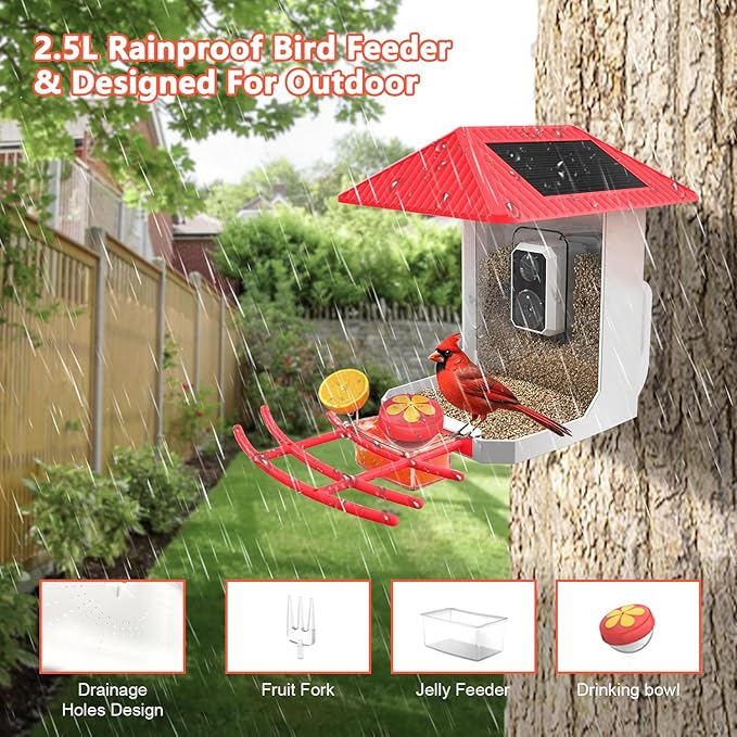 2.5K Smart Bird Feeder with Camera, 5GHz &2.4GHz Birds Watching Camera with AI Identify Bird Species, Outdoor Birds Feeder House with Solar Panel for BirdLovers (Red)