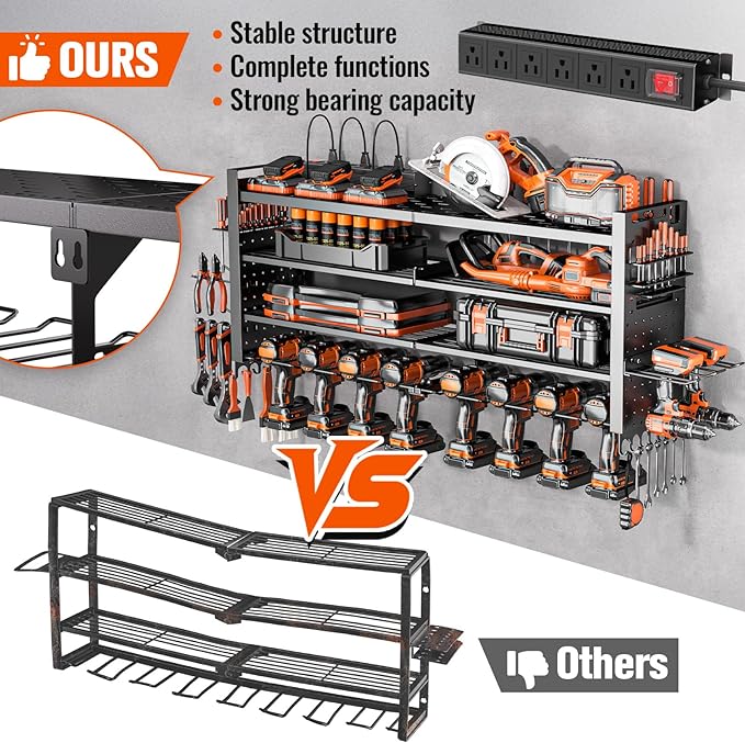 Heavy Duty Power Tool Organizer Wall Mount with Charging Station, Large Garage Organization with 10 cordless Drill Holder, 4 Layers Tool Organizers and Storage, Tool Rack with 6 Power Strip, Black