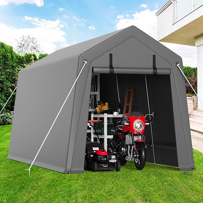 Garvee 7'x12' Outdoor Portable Storage Shed, Waterproof & UV-Resistant Garage Shelter with 2 Roll-Up Zipper Doors, Anti-Snow Carport Tent for Motorcycle, Bike, and Outdoor Equipment, Gray