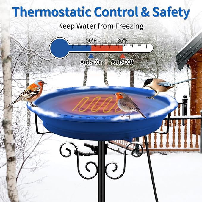 Heated Bird Baths for Outdoors for Winter, Lovppy 100W Heated Bird Bath Water Heater with Thermostatically Controlled, Heated Bird Baths Bowl with Metal Stake for Outside Garden Patio Yard (Blue)