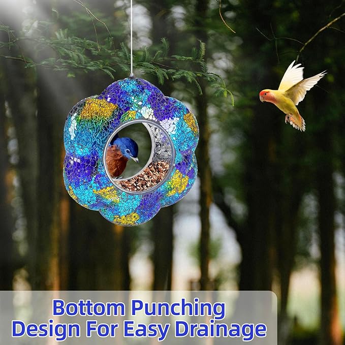 VOREEN Mosaic Bird Feeder, Fly Through Bird Feeders for Outdoor Hanging, Glass Wild Bird Feeder, for Garden Yard Backyard Deck and Porch, Gift for Mom Wife Friend, Blue Flower, 8"