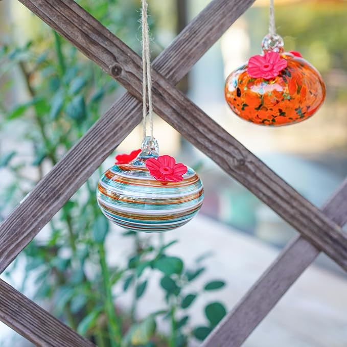 2pcs Small Blown Glass Hummingbird Feeders for Outdoors Hanging Glass Humming Bird Feeders for Window Patio Decor with 2 Flower Feeding Ports
