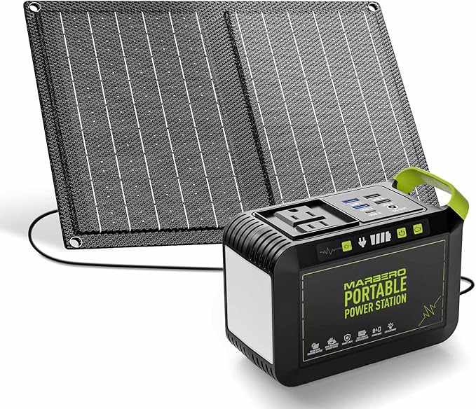 MARBERO Camping Solar Generator 88Wh Portable Power Station 120W Peak Generator with Solar Panel Included 21W, AC, DC, USB QC3.0, LED Flashlight for Outdoor Home Camping Fishing Emergency Backup