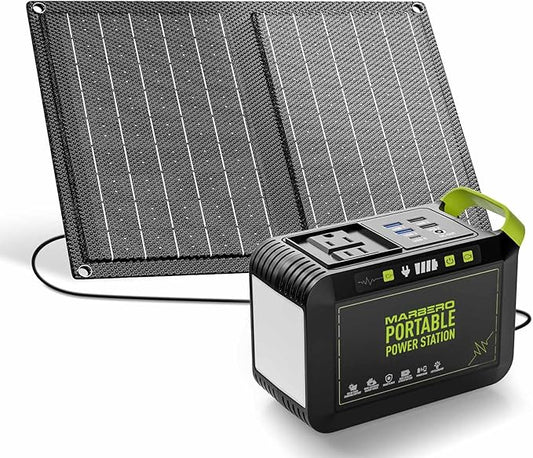 MARBERO Camping Solar Generator 88Wh Portable Power Station 120W Peak Generator with Solar Panel Included 21W, AC, DC, USB QC3.0, LED Flashlight for Outdoor Home Camping Fishing Emergency Backup