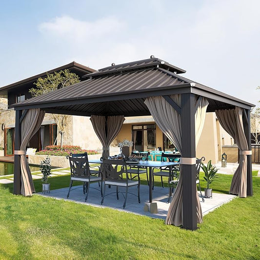YOLENY 10' X 13' Hardtop Gazebo Galvanized Steel Outdoor Patio Gazebo Canopy Double Roof Pergolas Aluminum Frame with Netting and Curtains for Garden, Patio, Lawns, Parties