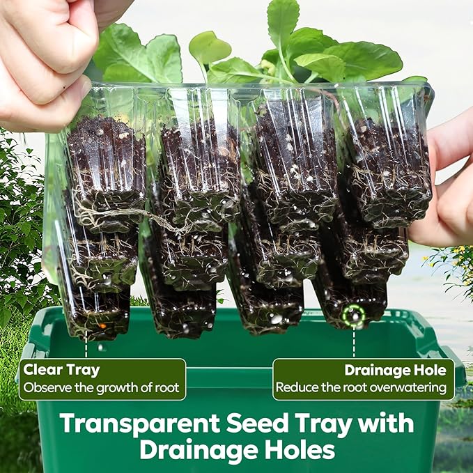 MIXC Seed Starter Kit with Grow Light, Elevated Seedling Tray Kit with Adjustable Humidity Dome and Clear Cell Tray, 12 Full Spectrum Led Beads for Seed Starting Greenhouse, 6 Pack, Green