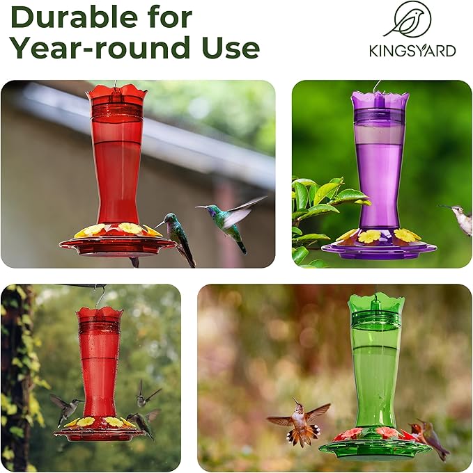 Kingsyard Glass Hummingbird Feeder for Outdoors Hanging - 6 Bee Guard Feeding Ports & Built-in Ant Moat, Wild Bird Feeder for Outside Garden Yard Patio 14 Oz, Red