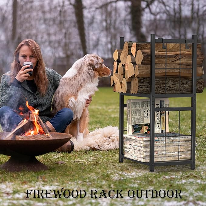 HEOMU Firewood Rack Indoor, Fireplace Tools Rack Outdoor, 2-Tier Holder with 4 Hooks, Stacking Organizer for Wood, Lumber Storage Carrier Fire Logs Stand for Fireplaces, Fire Pits and Stoves (Black)