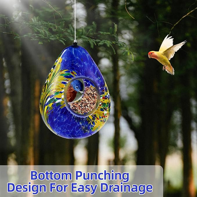 VOREEN Glass Bird Feeder, Fly Through Bird Feeders for Outdoor Hanging, Glass Wild Bird Feeder, for Garden, Yard, Backyard, Deck and Porch Decor, Gift for Mom Wife Friend, Blue Teardrop