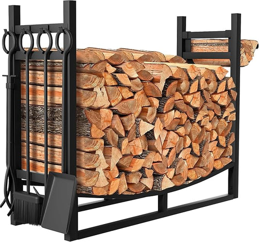 AMAGABELI GARDEN & HOME 30.7in Large Firewood Rack With Fireplace Tools Set Wrought Iron Indoor Outdoor Kindling Log Holder Heavy Duty Wide Wood Storage Log Rack Accessories Shovel Poker Tongs Broom