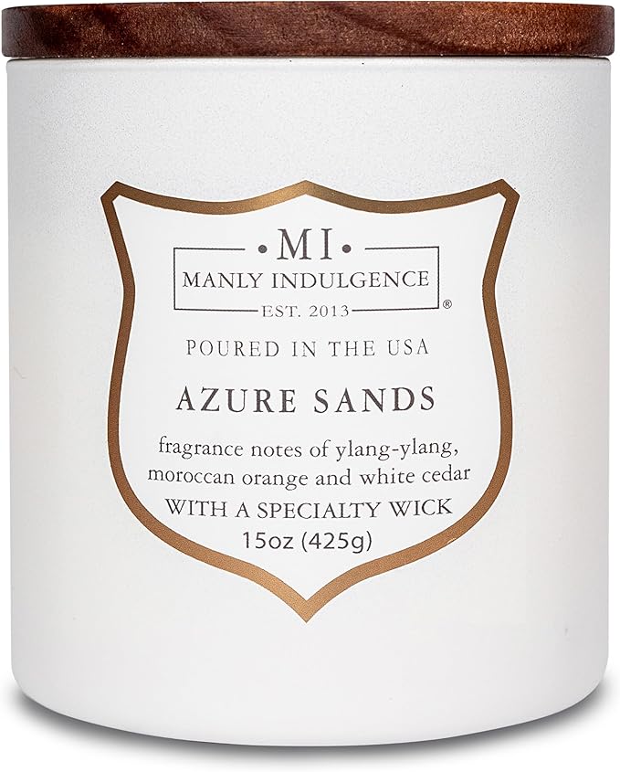 Manly Indulgence Azure Sands Scented Candles for Men, 15 oz Wooden Wick, Premium Soy Blend Wax, 60H Burn, Candles for Home Scented - Made in The USA