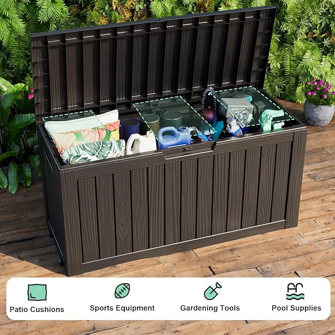 75 Gallon Outdoor Storage Box, Resin Waterproof UV-Resistant Deck Box, Reinforced Stability for Patio, Garden, and Poolside, Striped Black