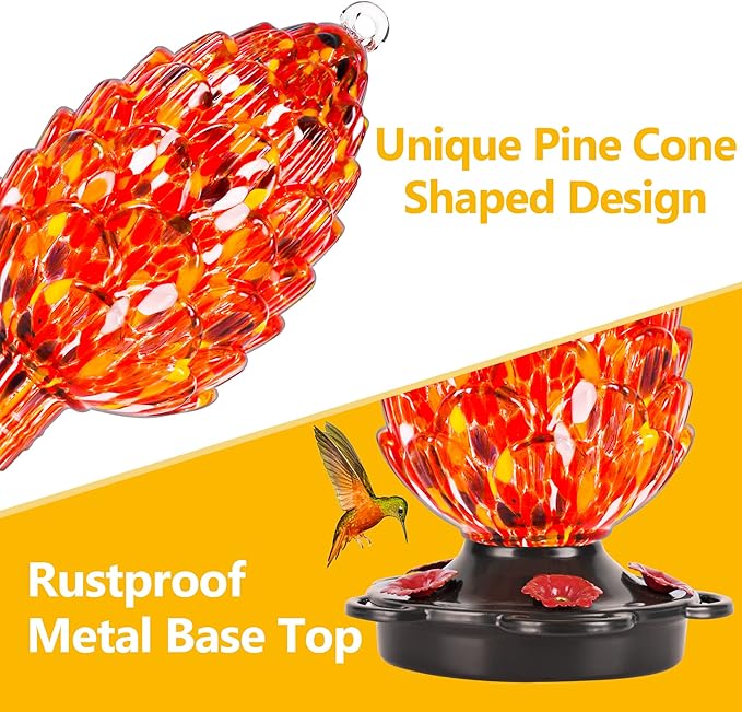 LUJII Pine Cone Shaped Hand Blown Glass Hummingbird Feeder for Outdoors Hanging, Rust Proof & Leak Proof, 25 fl.oz, Unique Gift for Bird Lover, Garden & Backyard Decor, Red