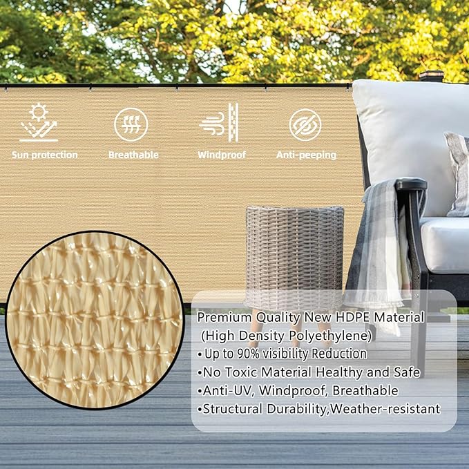 SUNLAX 3'x10' Sand Balcony Privacy Screen Fence Windscreen Cover Fabric Shade Netting Mesh Cloth with Grommets UV Protection for Patio, Backyard, Porch, Railing Shield 90% (We Make Custom Sizes)