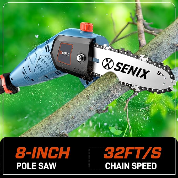 SENIX CSPE6.5-M 6.5 Amp Corded Electric Pole Saw with 8-Inch Oregon Bar and Chain, Chain Saw Tree Trimmer with Adjustable Extension Pole, Shoulder Strap Included