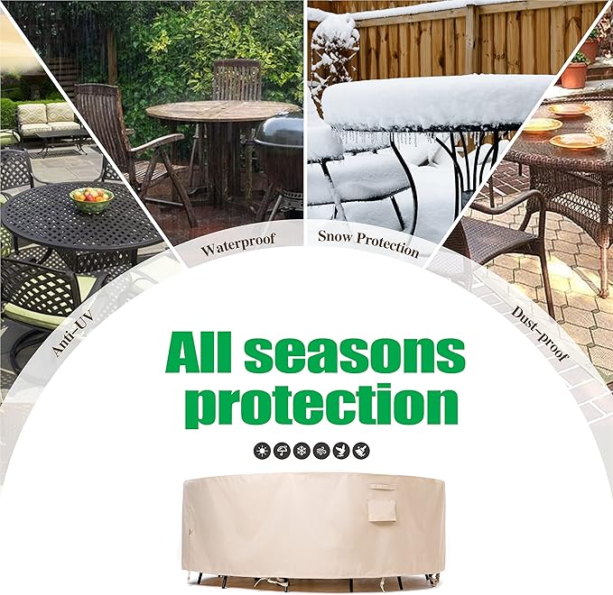 F&J Outdoors Patio Furniture Covers Waterproof UV Resistant Rip-Stop Fabric Large Outdoor Furniture Covers, Beige,110" Dia x 27.5" H