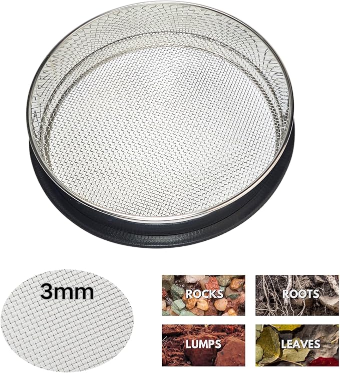 Upgraded Soil Sifter, 11 Inch (1/8'' Mesh Screen) Dirt Sifter Thickened Stainless Steel Garden Sieve for Compost Sand and Rocks Suitable for 5 Gallon Bucket