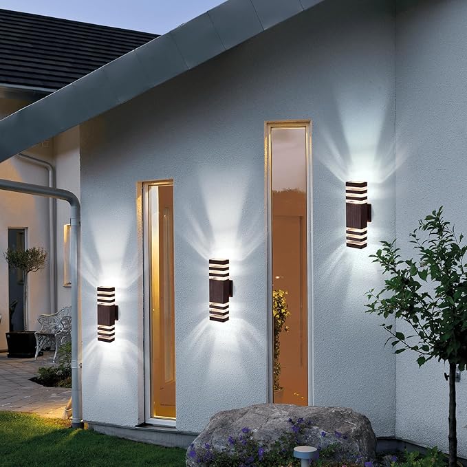tewei 2 Pack Outdoor Wall Lights, Modern Exterior Light Fixture Wall Mount Brown Outdoor Lights for House, Waterproof Aluminum Up and Down Porch Lights Wall Sconces for Garage Patio, 3-Layer