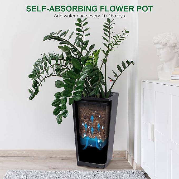 GarveeLife 22.5 in Tall Planters Set of 2, Outdoor&Indoor Black Planter Pots, High Front Porch Planter Pots with Drainage Holes&Water Level Monitor&Inner Bucket, Automatic Watering, Black