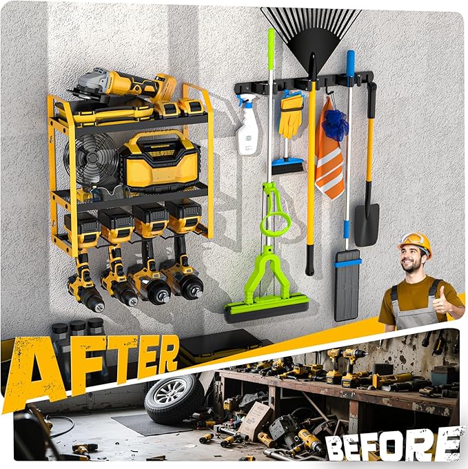 Power Tool Organizer Wall Mount with Broom Holder Combo, Yellow & Black 3-Tier Garage Storage Rack with Battery Storage, 4 Drill Holder Slots, Heavy Duty Steel 150LB Capacity