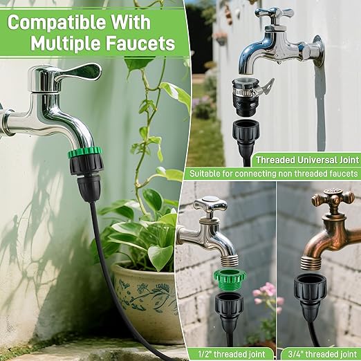 59FT Drip Irrigation System Kit, Garden Watering System with 1/2" 1/4" Tube Hose Adjustable Nozzle Barbed Fittings, Micro Misting Sprinkler System for Plant Lawns Raised Beds Greenhouses