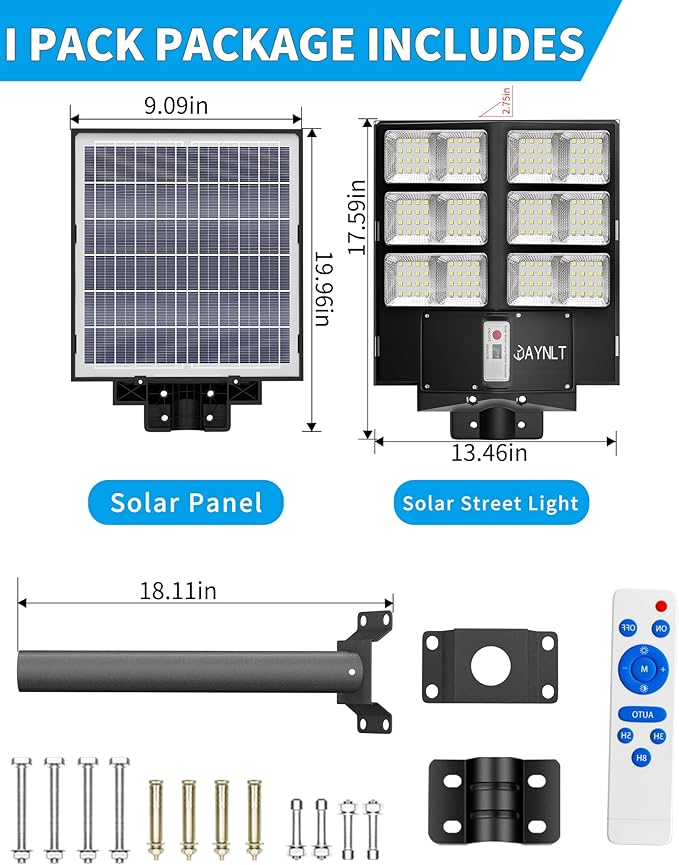 JAYNLT Y-2000W Solar Street Light, 200000LM 6500K Outdoor Dusk to Dawn, IP67 Waterproof Solar Security Light with Motion Sensor and Remote Control for Garage, Road