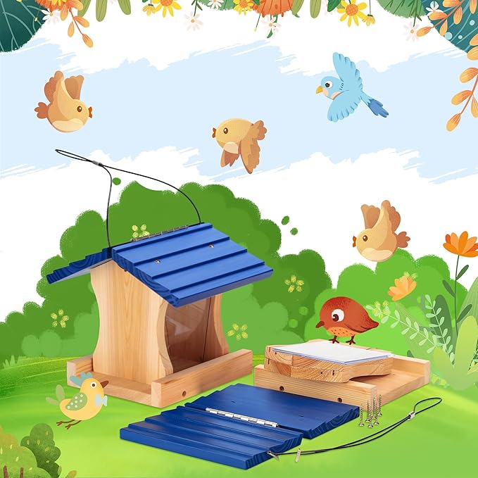 Ranch Hopper Bird Feeders for Outside Extra Thickness 13/16", Bird Feeder Kit for Kids to Build - Alaskan Red Cedar Wood Birdhouse Building with Hanging Cable, Paints and Brushes -Patented