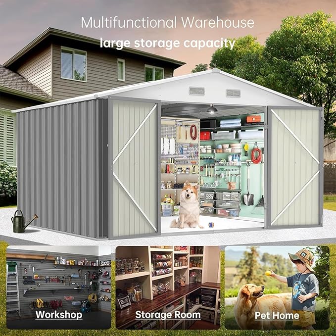 Garvee 7.5 x 8.5 FT Outdoor Storage Shed, Waterproof Utility Shed Storage with Lockable Door Design with Sloped Roof, Metal Shed Galvanised Steel Garden Shed for Backyard Garden Patio Lawn, Gray