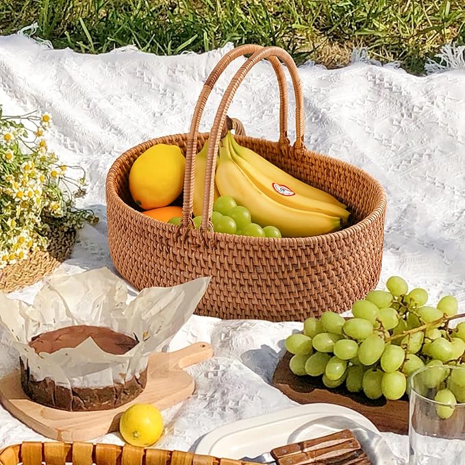 Rattan Picnic Basket with Handles, Oval Wicker Gift Basket for Wedding, Camping(12.6"×9"×3.5")