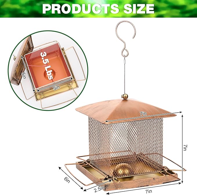 Bird Feeder, Heavy Duty Metal Bird Feeders for Outdoors Hanging, 3.5LB Large Capacity Squirrel Proof BirdFeeders with Rainproof Roof, for Garden Yard Outside Backyard