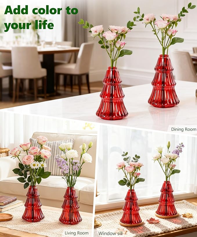 Nacome 2Pcs Tree-Shaped Glass Plant Terrarium,Planter Propagation Station Christmas Tree Decorations for Hydroponics Home Office, Unique Gifts for Plant Lovers Women Mom(Red)