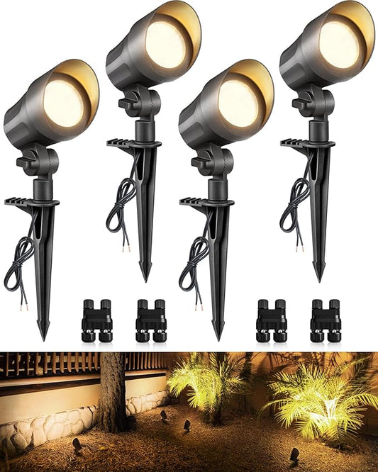 SUNVIE 6W Low Voltage Landscape Lighting LED Landscaping Lights Warm White Low Voltage Lighting Waterproof Landscape Spotlights with Connectors Spot Lights Outdoor for Tree Wall Pathway Yard, 4 Pack