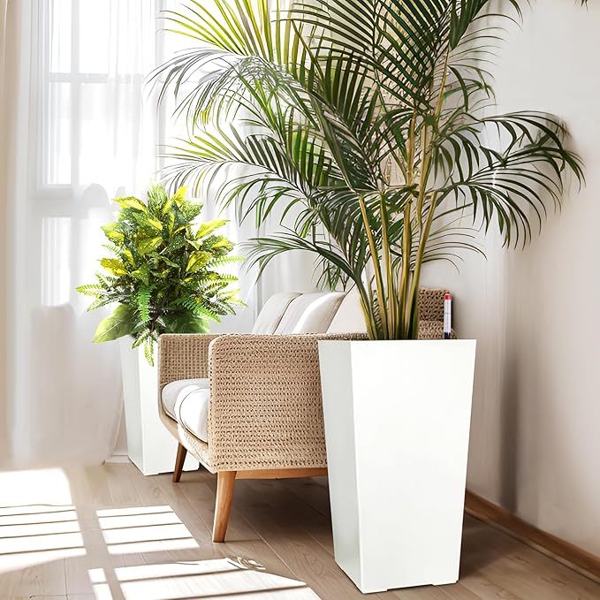 GarveeLife 22.5 in Tall Planters Set of 2, Outdoor&Indoor Black Planter Pots, High Front Porch Planter Pots with Drainage Holes&Water Level Monitor&Inner Bucket, Automatic Watering, White