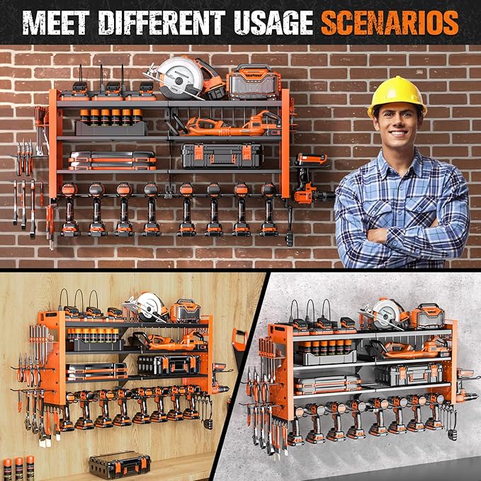 Heavy Duty Power Tool Organizer Wall Mount with Charging Station, Large Garage Organization with 10 cordless Drill Holder, 4 Layers Tool Organizers and Storage, Tool Rack with 6 Power Strip,Orange