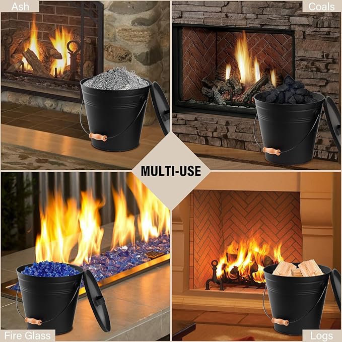 FEED GARDEN 3.5 Gallon Ash Bucket with Lid,Shovel,Broom and Screwdriver, Ash Can for Fireplace Fire Pits,Hearth,Wood Stoves,Fireplace Galvanized Iron Bucket,Pellet Charcoal BucketIndoor Outdoor,Black
